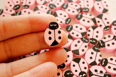 Pink Ladybug Wood Beads x 10